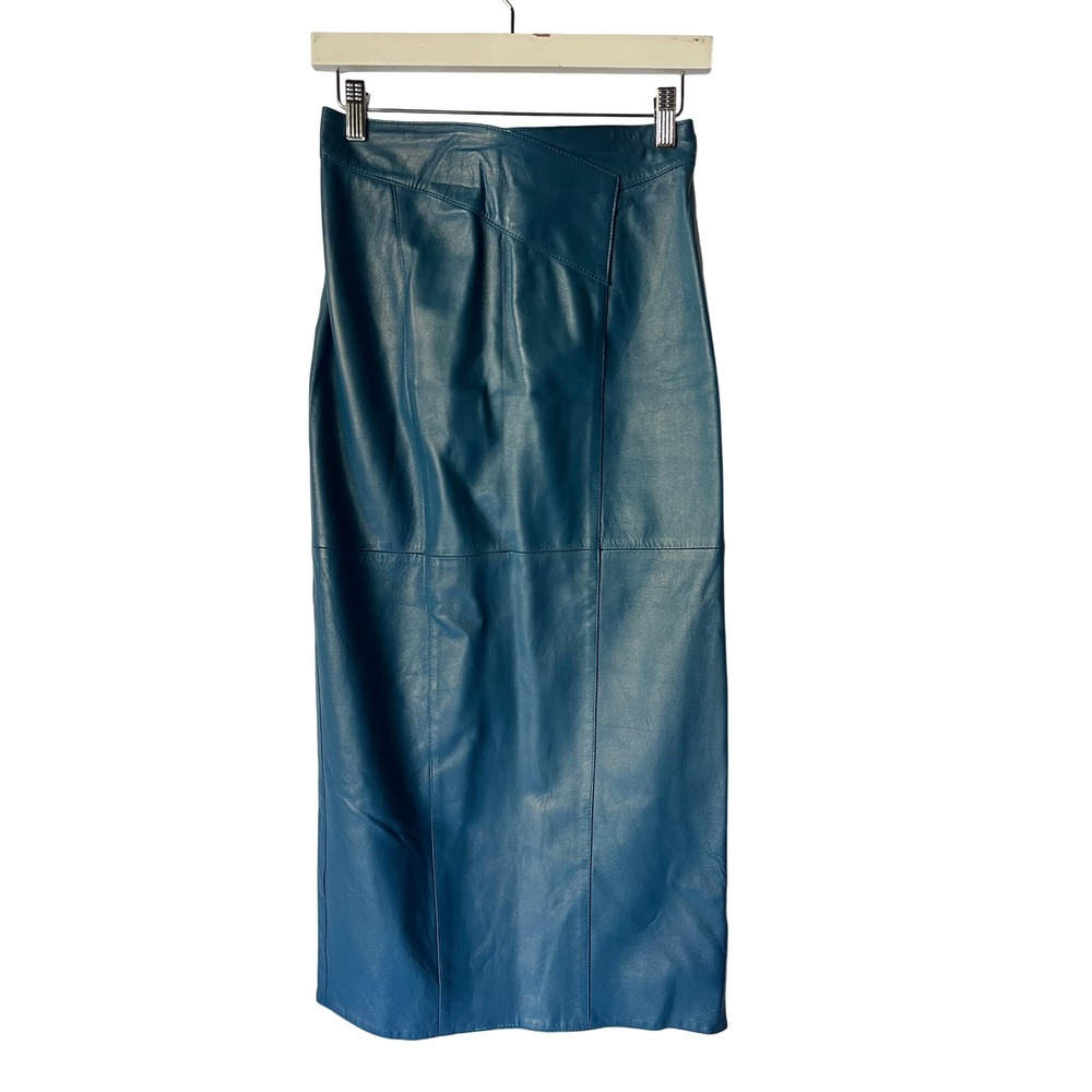 Vintage SUZELLE Teal Leather Midi Skirt Asymmetric Waist Size 8 Small 80s 90s